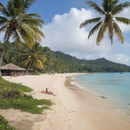 The serene tropical island now bustling with people. Tourists and locals mingle on the sandy beach, surrounded by lush green palm trees. Some are sunbathing, some are building sandcastles, and some are engaging in lively beach games.