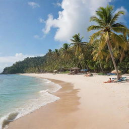 The serene tropical island now bustling with people. Tourists and locals mingle on the sandy beach, surrounded by lush green palm trees. Some are sunbathing, some are building sandcastles, and some are engaging in lively beach games.