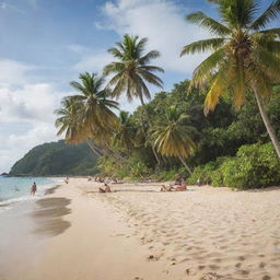 The serene tropical island now bustling with people. Tourists and locals mingle on the sandy beach, surrounded by lush green palm trees. Some are sunbathing, some are building sandcastles, and some are engaging in lively beach games.