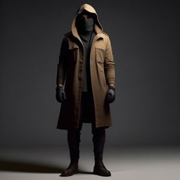 A Hollywood-style kidnapper commander enveloped in an ankle-length coat, wearing an underlying bullet-proof vest and additional ankle-length jacket for a powerfully imposing figure.