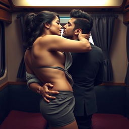Sensual portrayal of Ruhi Singh in a stylish short skirt, captured in an intimate scene inside a sleeper bus