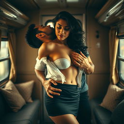Sensual portrayal of Ruhi Singh in a stylish short skirt, captured in an intimate scene inside a sleeper bus