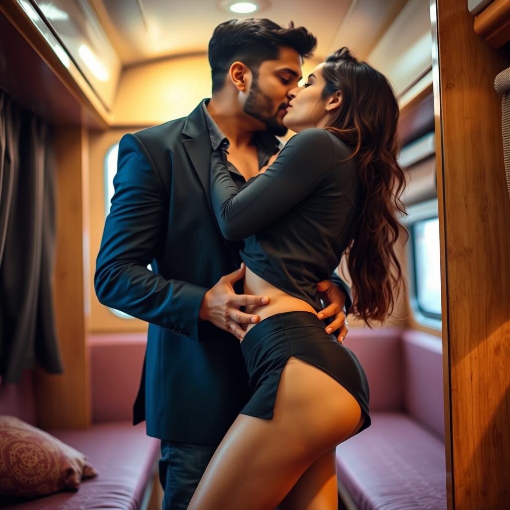 Sensual portrayal of Ruhi Singh in a stylish short skirt, captured in an intimate scene inside a sleeper bus