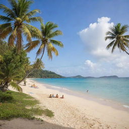 The serene tropical island now bustling with people. Tourists and locals mingle on the sandy beach, surrounded by lush green palm trees. Some are sunbathing, some are building sandcastles, and some are engaging in lively beach games.