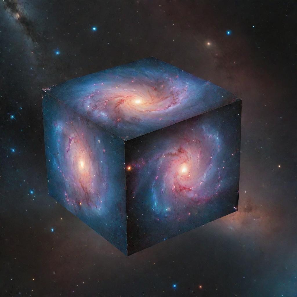 A unique take on a box-shaped galaxy, with luminous stars arranged in cubic structures, glowing nebulas tucked into corners, and a bright cube-like core floating in the depths of space.