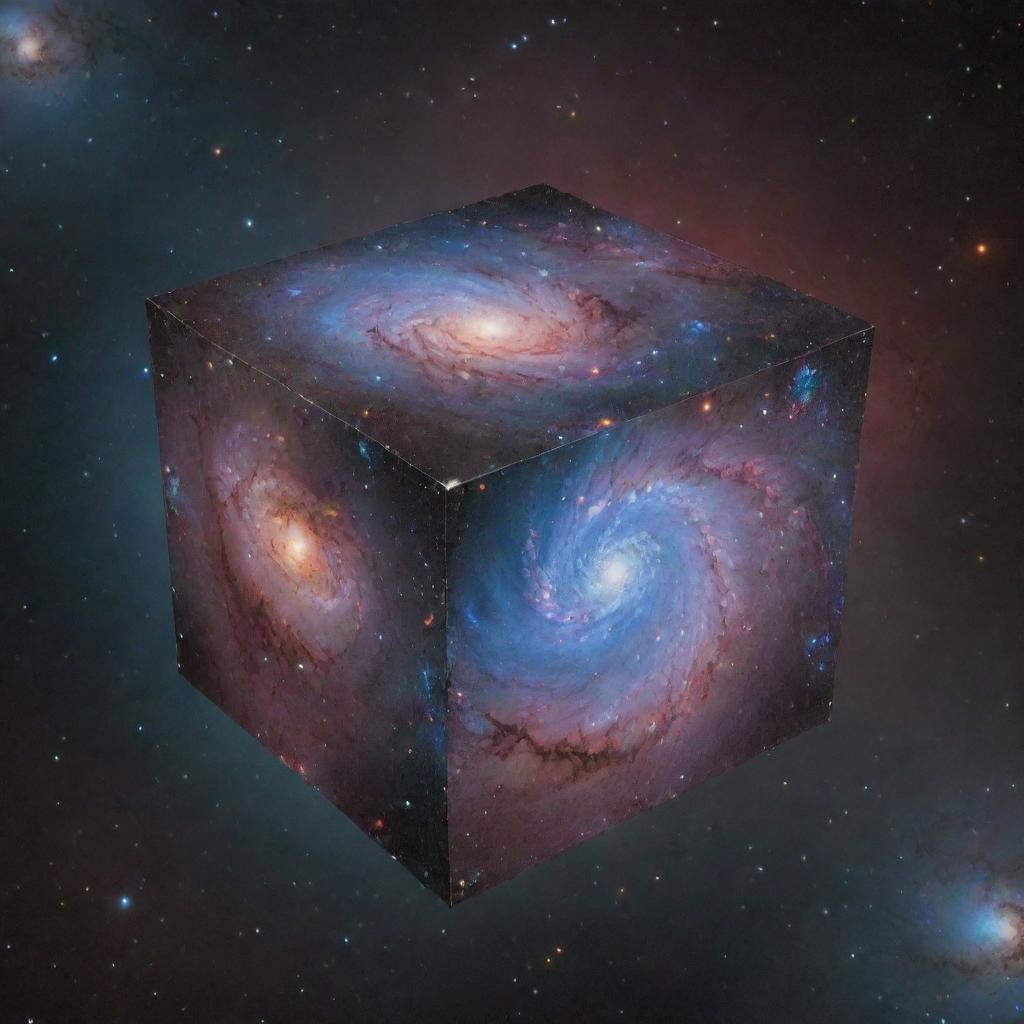 A unique take on a box-shaped galaxy, with luminous stars arranged in cubic structures, glowing nebulas tucked into corners, and a bright cube-like core floating in the depths of space.