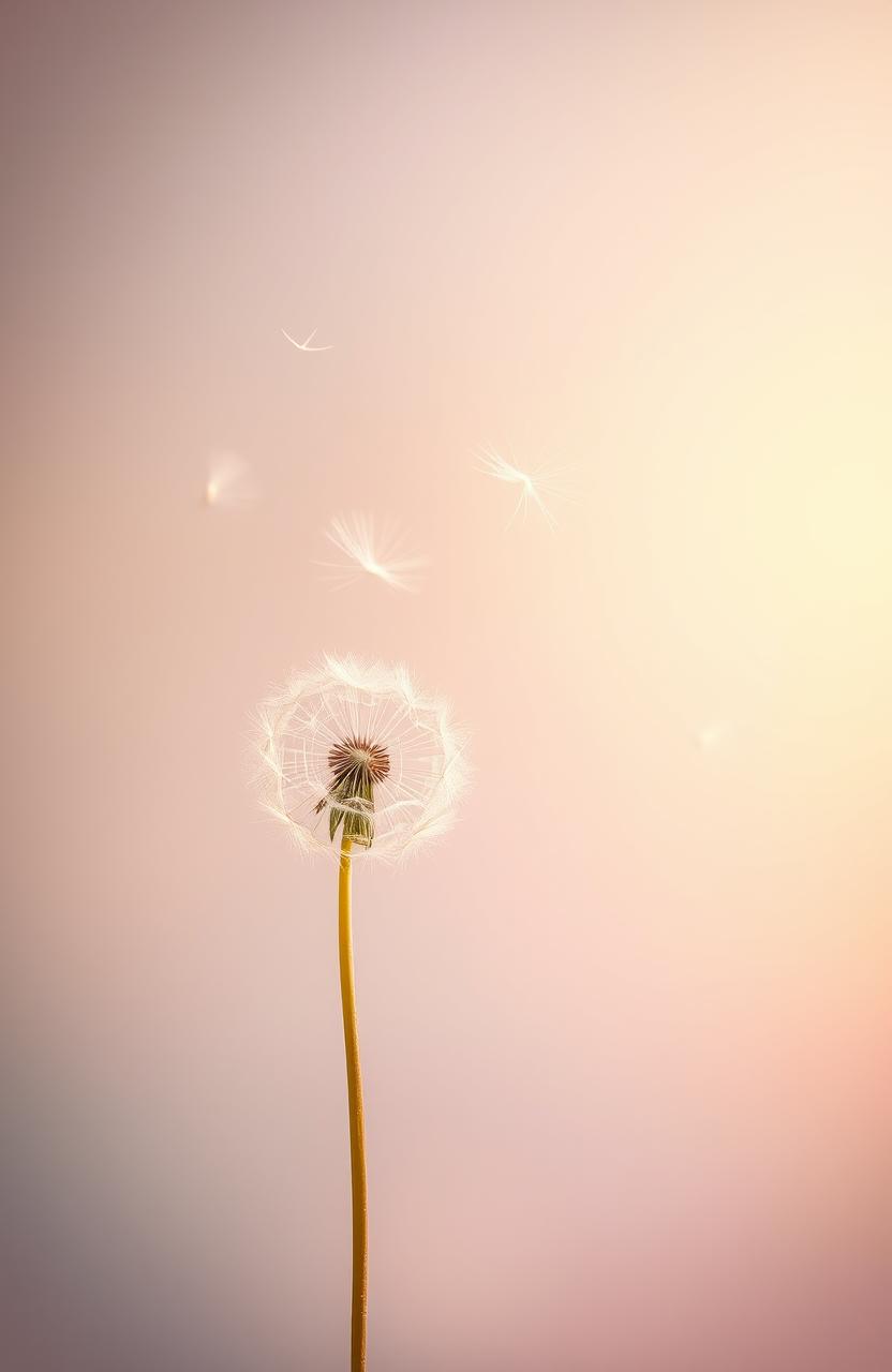 A serene image featuring delicate dandelion seeds and fallen ramie leaves gracefully floating through the air, capturing a sense of lightness and movement