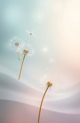 A serene image featuring delicate dandelion seeds and fallen ramie leaves gracefully floating through the air, capturing a sense of lightness and movement