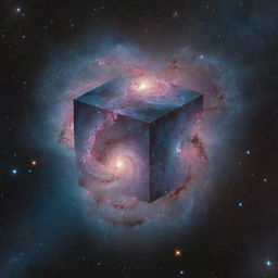 A unique take on a box-shaped galaxy, with luminous stars arranged in cubic structures, glowing nebulas tucked into corners, and a bright cube-like core floating in the depths of space.