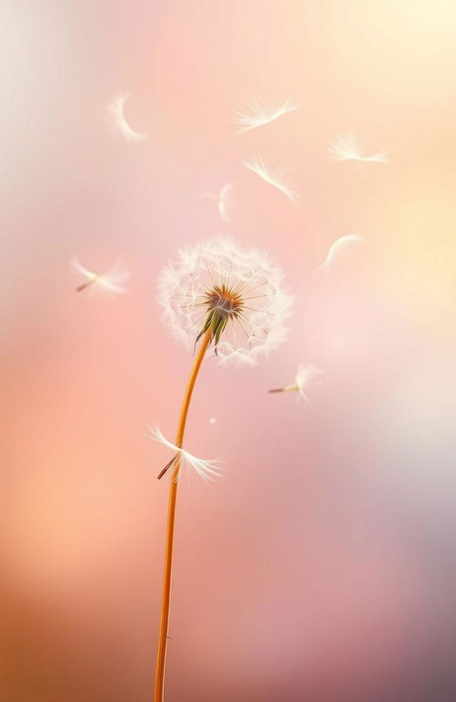 A serene image featuring delicate dandelion seeds and fallen ramie leaves gracefully floating through the air, capturing a sense of lightness and movement