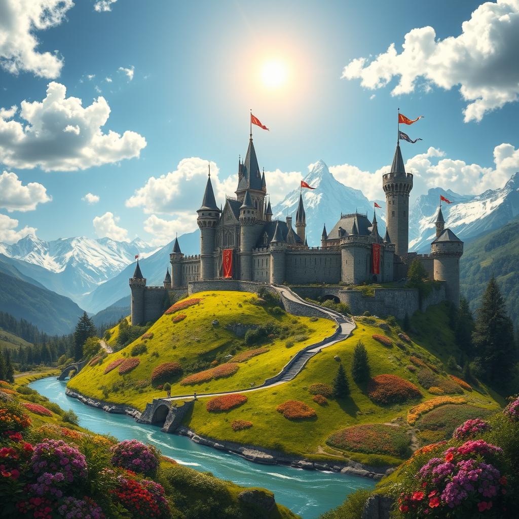 A majestic kingdom set atop a lush green hill, with stunning medieval architecture including grand castles and fortified towers