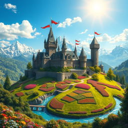 A majestic kingdom set atop a lush green hill, with stunning medieval architecture including grand castles and fortified towers