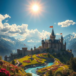 A majestic kingdom set atop a lush green hill, with stunning medieval architecture including grand castles and fortified towers