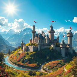 A majestic kingdom set atop a lush green hill, with stunning medieval architecture including grand castles and fortified towers
