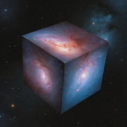 A unique take on a box-shaped galaxy, with luminous stars arranged in cubic structures, glowing nebulas tucked into corners, and a bright cube-like core floating in the depths of space.