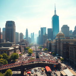 A grand view of a large, bustling Empire City, featuring towering skyscrapers, majestic architecture, and a vibrant skyline under a bright blue sky