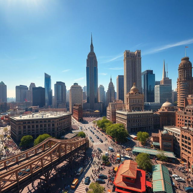 A grand view of a large, bustling Empire City, featuring towering skyscrapers, majestic architecture, and a vibrant skyline under a bright blue sky