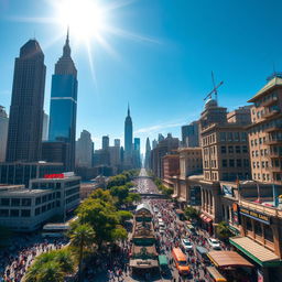 A grand view of a large, bustling Empire City, featuring towering skyscrapers, majestic architecture, and a vibrant skyline under a bright blue sky