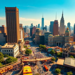 A grand view of a large, bustling Empire City, featuring towering skyscrapers, majestic architecture, and a vibrant skyline under a bright blue sky