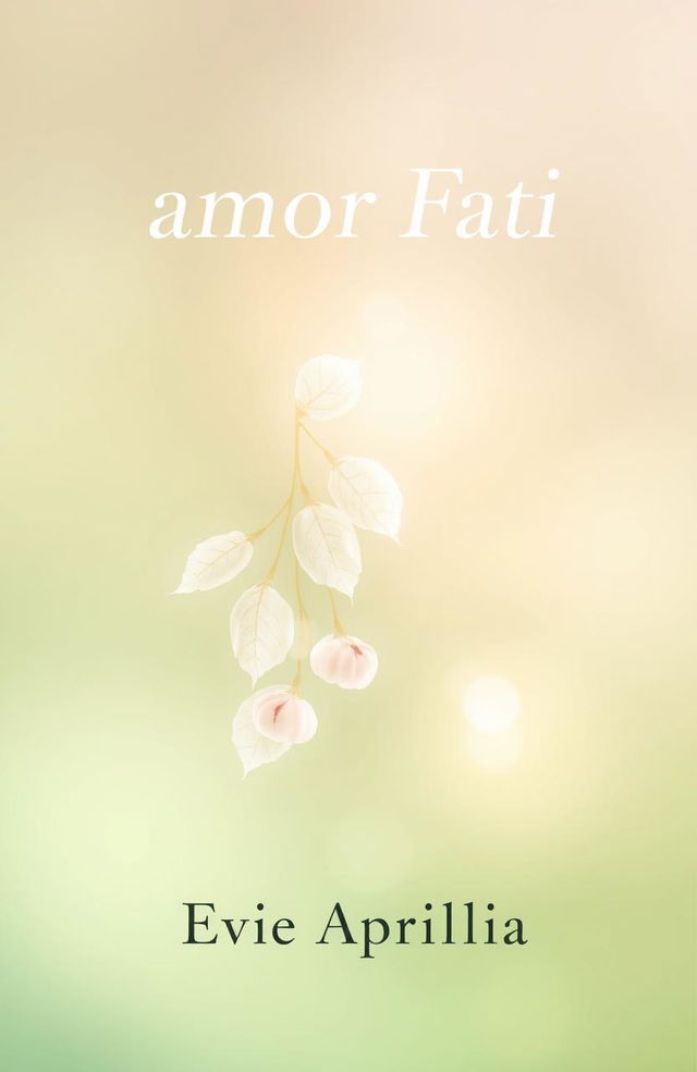 A serene book cover design for 'amor Fati' by Evie Aprilia, featuring a soft transparency effect of falling cotton tree leaves to create a light and dynamic feel