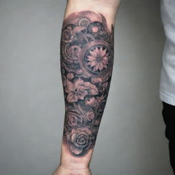 Generate a composite tattoo design for a whole arm, featuring multiple tattoo elements, which combines seamlessly with an existing tattoo, as provided in the link: https://workupload.com/archive/vk9awMS59M