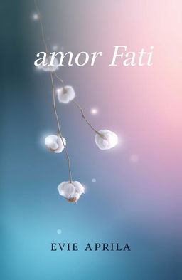 A serene book cover design for 'amor Fati' by Evie Aprilia, featuring a soft transparency effect of falling cotton tree leaves to create a light and dynamic feel