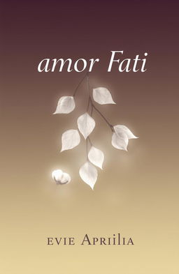 A serene book cover design for 'amor Fati' by Evie Aprilia, featuring a soft transparency effect of falling cotton tree leaves to create a light and dynamic feel