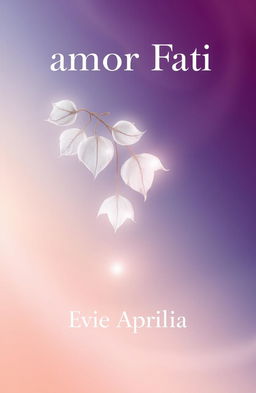 A serene book cover design for 'amor Fati' by Evie Aprilia, featuring a soft transparency effect of falling cotton tree leaves to create a light and dynamic feel