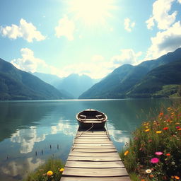 A majestic view of a serene lake surrounded by lush, green mountains under a clear blue sky, with fluffy white clouds scattered throughout