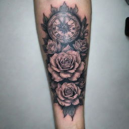 Generate a composite tattoo design for a whole arm, featuring multiple tattoo elements, which combines seamlessly with an existing tattoo, as provided in the link: https://workupload.com/archive/vk9awMS59M