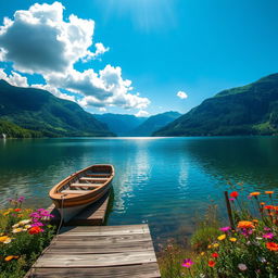 A majestic view of a serene lake surrounded by lush, green mountains under a clear blue sky, with fluffy white clouds scattered throughout