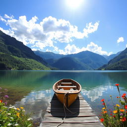 A majestic view of a serene lake surrounded by lush, green mountains under a clear blue sky, with fluffy white clouds scattered throughout