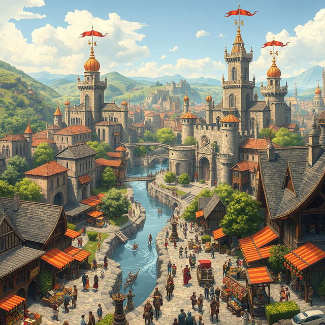 A grand, sprawling medieval empire city bustling with activity, featuring towering stone castles, intricately designed cathedrals, and bustling market stalls brimming with colorful goods