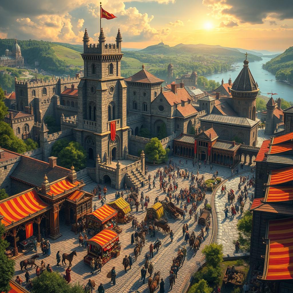 A grand, sprawling medieval empire city bustling with activity, featuring towering stone castles, intricately designed cathedrals, and bustling market stalls brimming with colorful goods