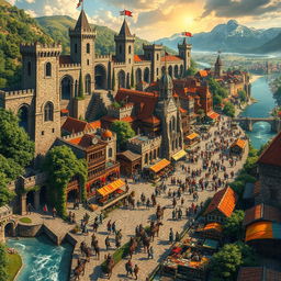 A grand, sprawling medieval empire city bustling with activity, featuring towering stone castles, intricately designed cathedrals, and bustling market stalls brimming with colorful goods