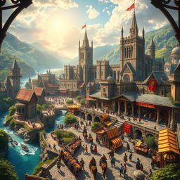 A grand, sprawling medieval empire city bustling with activity, featuring towering stone castles, intricately designed cathedrals, and bustling market stalls brimming with colorful goods