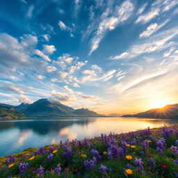 Generar fotografías de paisajes naturales impresionantes, que muestren montañas imponentes bajo un cielo brillante con nubes esponjosas, un lago sereno reflejando la belleza de la naturaleza, mientras el sol se pone en el horizonte