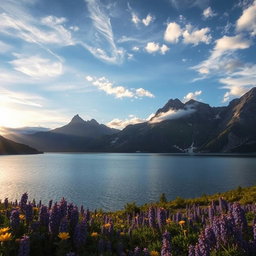 Generar fotografías de paisajes naturales impresionantes, que muestren montañas imponentes bajo un cielo brillante con nubes esponjosas, un lago sereno reflejando la belleza de la naturaleza, mientras el sol se pone en el horizonte