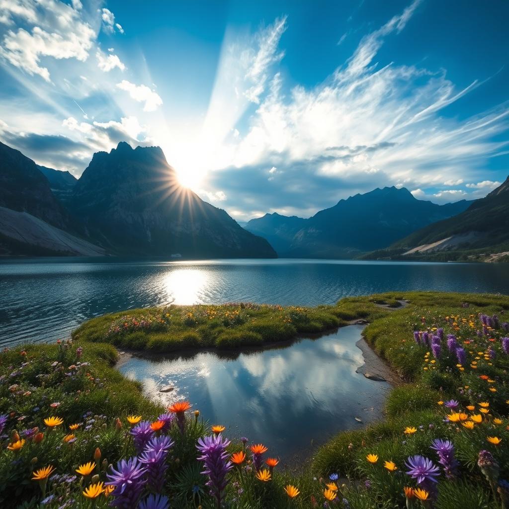 Generar fotografías de paisajes naturales impresionantes, que muestren montañas imponentes bajo un cielo brillante con nubes esponjosas, un lago sereno reflejando la belleza de la naturaleza, mientras el sol se pone en el horizonte