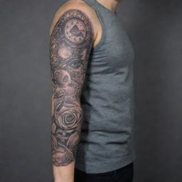 Generate a composite tattoo design for a whole arm, featuring multiple tattoo elements, which combines seamlessly with an existing tattoo, as provided in the link: https://workupload.com/archive/vk9awMS59M