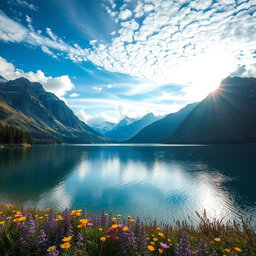 Generar fotografías de paisajes naturales impresionantes, que muestren montañas imponentes bajo un cielo brillante con nubes esponjosas, un lago sereno reflejando la belleza de la naturaleza, mientras el sol se pone en el horizonte