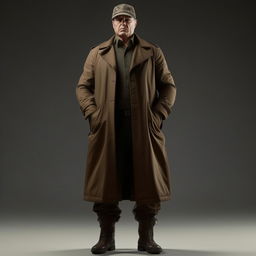 A Hollywood-style kidnapper commander enveloped in an ankle-length coat, wearing an underlying bullet-proof vest and additional ankle-length jacket for a powerfully imposing figure.