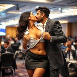 Sensual portrayal of Ruhi Singh, professionally dressed in a stylish short skirt, set in a conference environment
