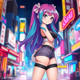 A stunning anime girl with large curves, featuring vibrant and colorful hair, wearing a stylish outfit that highlights her figure