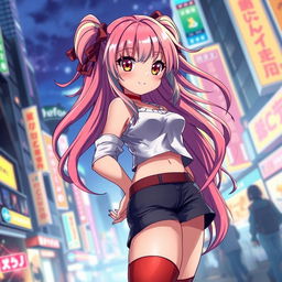A stunning anime girl with large curves, featuring vibrant and colorful hair, wearing a stylish outfit that highlights her figure