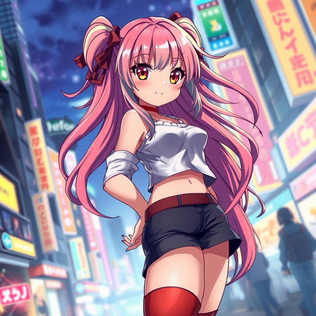 A stunning anime girl with large curves, featuring vibrant and colorful hair, wearing a stylish outfit that highlights her figure