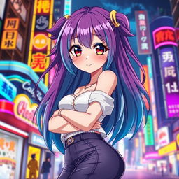 A stunning anime girl with large curves, featuring vibrant and colorful hair, wearing a stylish outfit that highlights her figure