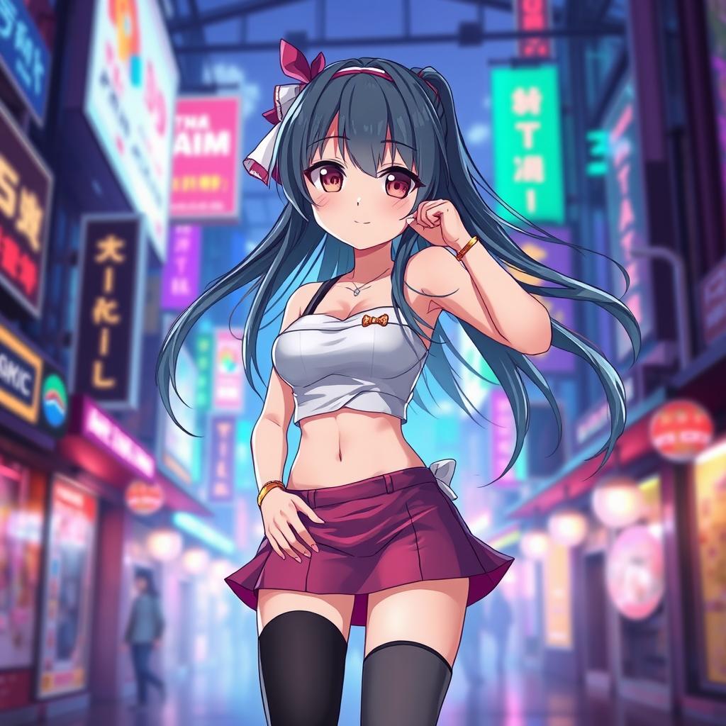 An attractive anime girl wearing a short skirt, with long flowing hair and a confident pose