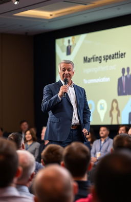 A confident speaker standing on stage, engaging an enthusiastic audience during a public speaking event