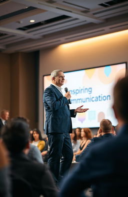 A confident speaker standing on stage, engaging an enthusiastic audience during a public speaking event